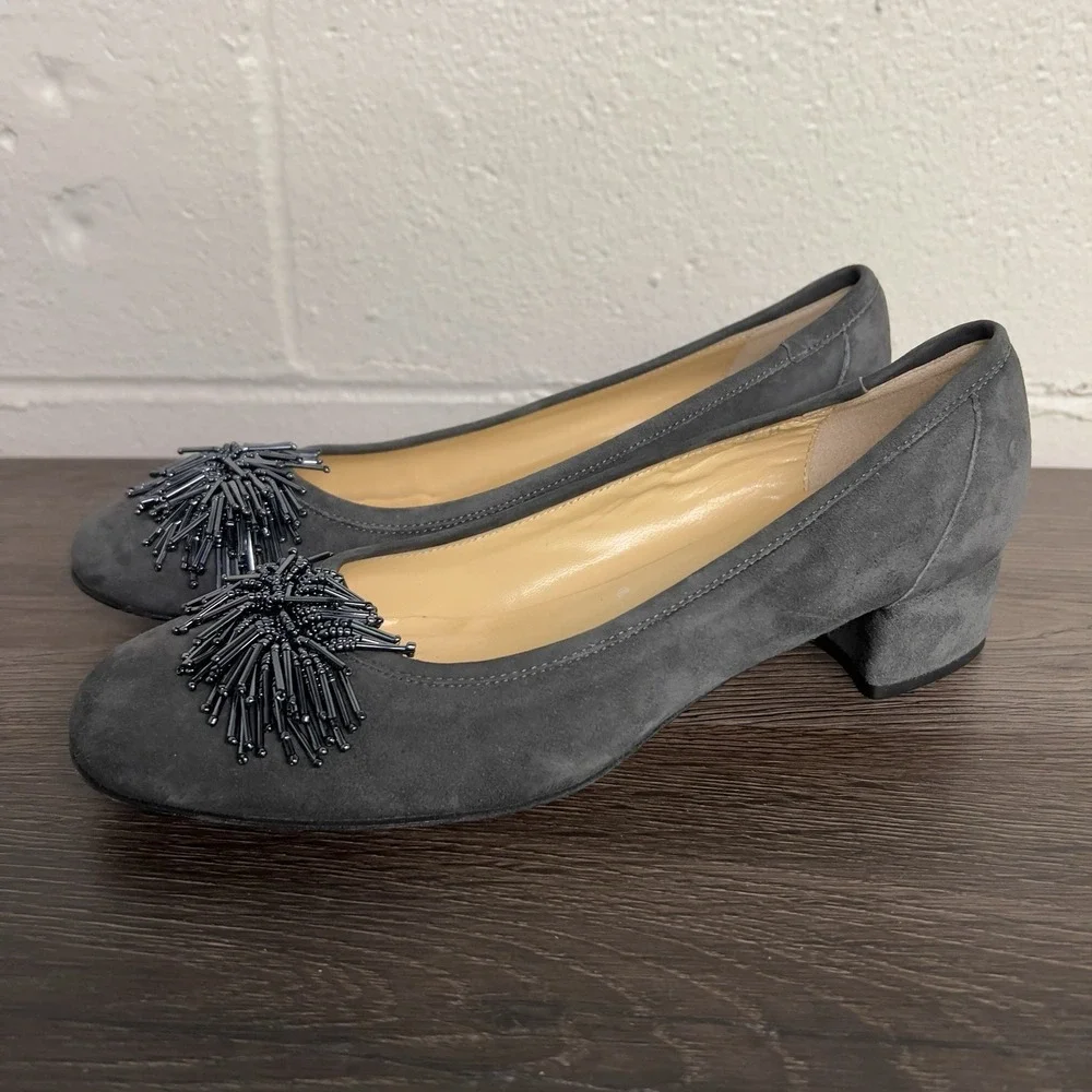 Sesto Meucci Gray Suede Beaded Pumps Women's Size 9M Italy Low Block Heel‎ Shoes